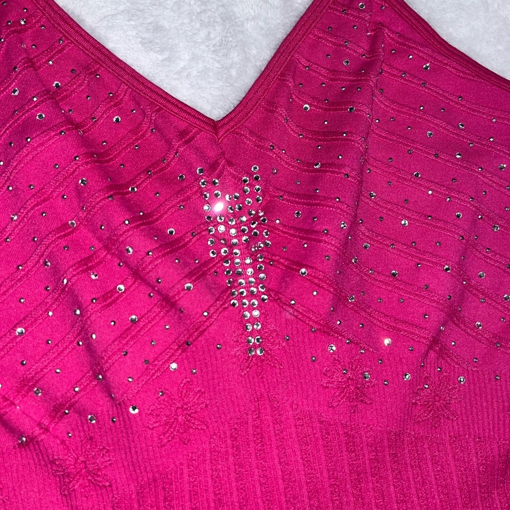 Vintage Y2K Bedazzled Sequin Pink Floral Fitted Top - Picture 2 of 7